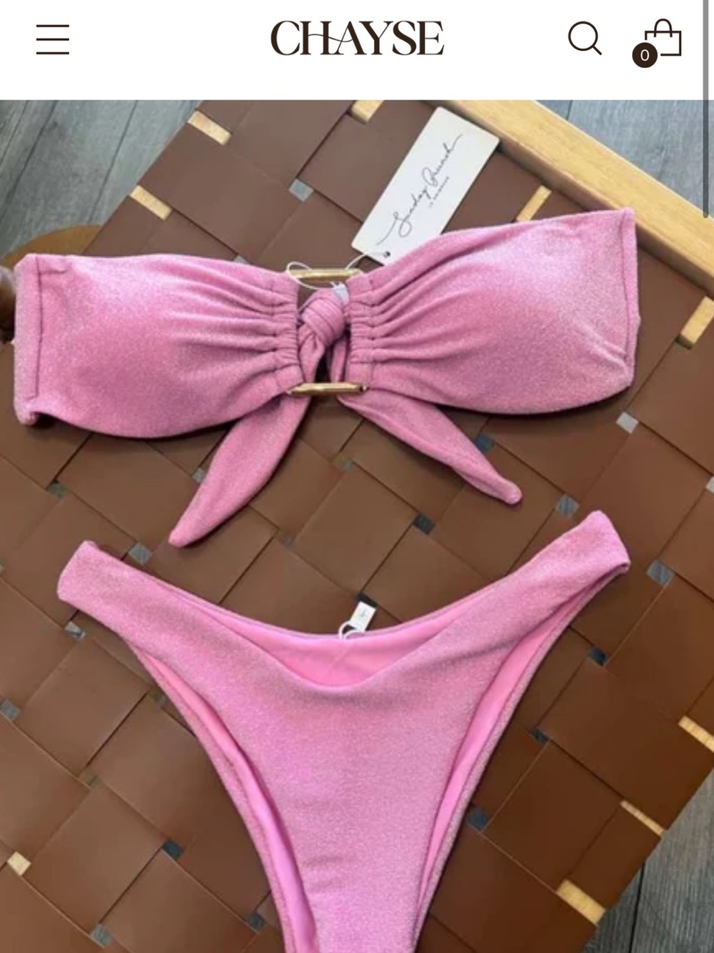 Pink glittery bikini TOP with gold buckle detail. Bora Bikini Top